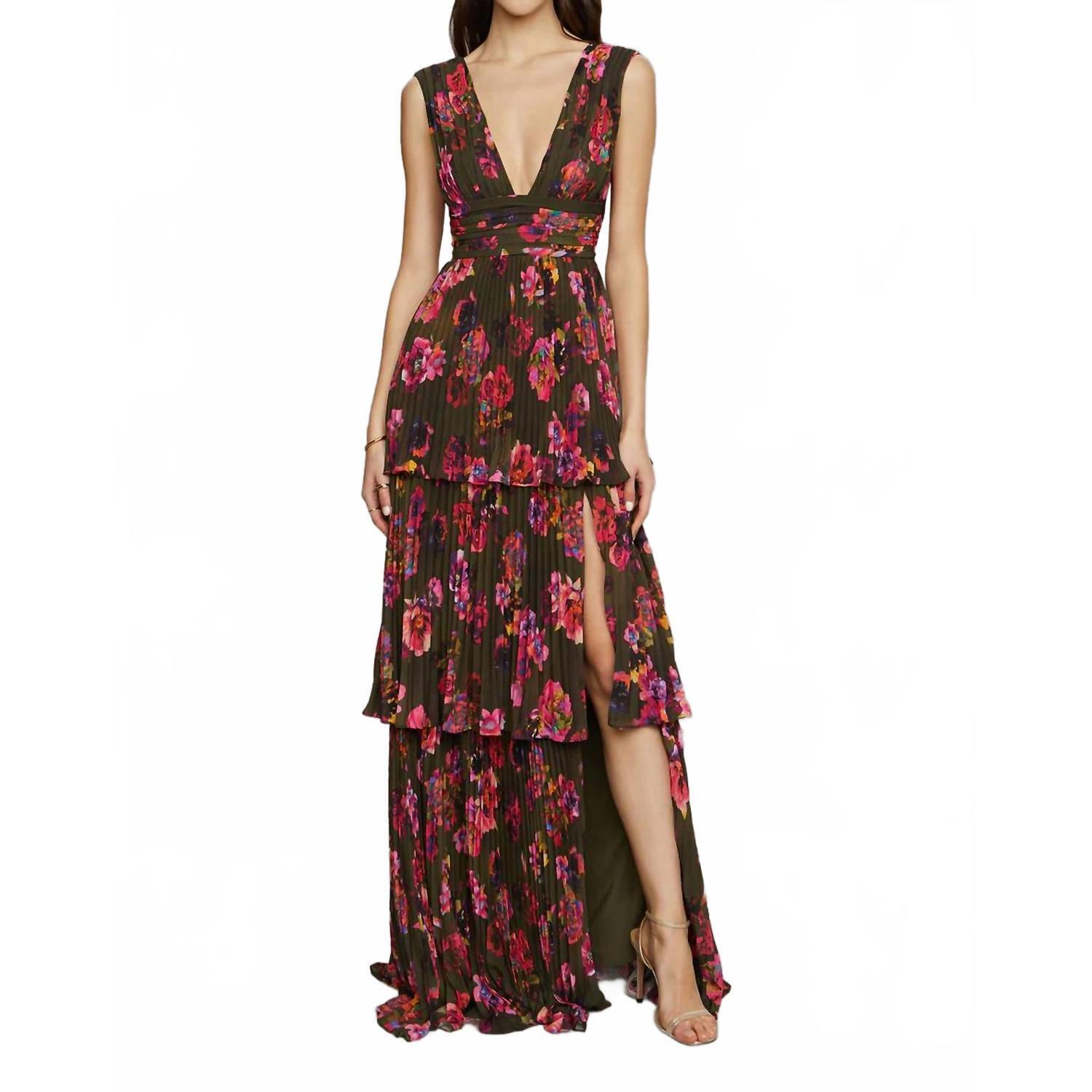 New Amur Women's Earthy Garden Fleur Deep V Pleated Gown In Green Multi